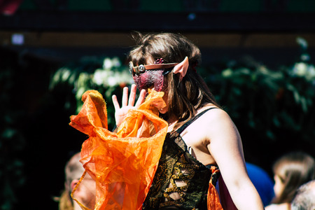 Reims France Saturday June 1, 2019 View of people disguised as medieval character unfolding in the streets during the Johanniques festival, annual French celebration in Reimsのeditorial素材