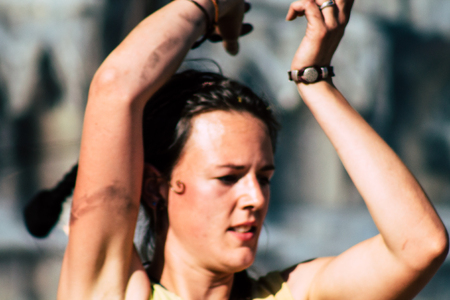 Reims France Saturday June 1, 2019 View of unknown street performers doing a show during the Johanniques festival, annual French celebration in Reims to commemorate the coronation of Charles VIIのeditorial素材