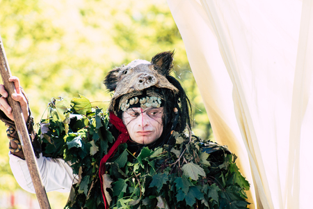 Reims France June 2, 2019 View of people disguised as medieval character unfolding in the streets during the Johanniques feast, annual French celebration in Reimsのeditorial素材