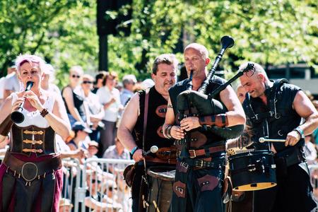 Reims France June 2, 2019 View of people disguised as medieval character unfolding in the streets during the Johanniques feast, annual French celebration in Reimsのeditorial素材