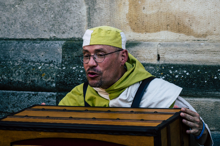 Reims France Saturday June 1, 2019 View of unknown musicians playing medieval music during the Johanniques festival, annual French celebration in Reims to commemorate the coronation of Charles VIIのeditorial素材