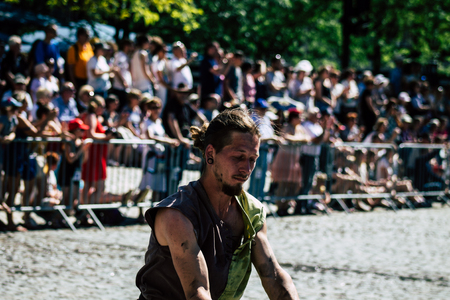 Reims France June 2, 2019 View of people disguised as medieval character unfolding in the streets during the Johanniques feast, annual French celebration in Reimsのeditorial素材