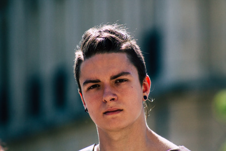 Reims France June 2, 2019 View of people disguised as medieval character unfolding in the streets during the Johanniques feast, annual French celebration in Reimsのeditorial素材
