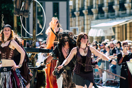 Reims France June 2, 2019 View of people disguised as medieval character unfolding in the streets during the Johanniques feast, annual French celebration in Reimsのeditorial素材