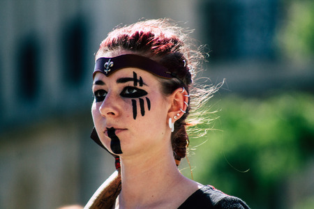 Reims France June 2, 2019 View of people disguised as medieval character unfolding in the streets during the Johanniques feast, annual French celebration in Reimsのeditorial素材