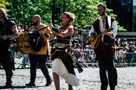 Reims France June 2, 2019 View of people disguised as medieval character unfolding in the streets during the Johanniques feast, annual French celebration in Reimsのeditorial素材
