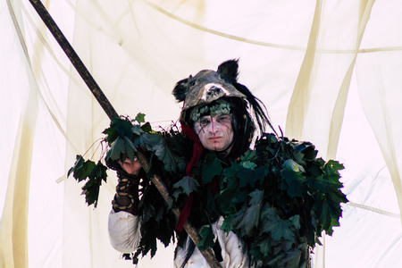 Reims France June 2, 2019 View of people disguised as medieval character unfolding in the streets during the Johanniques feast, annual French celebration in Reimsのeditorial素材