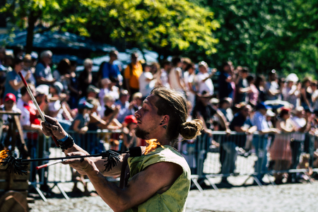 Reims France June 2, 2019 View of people disguised as medieval character unfolding in the streets during the Johanniques feast, annual French celebration in Reimsのeditorial素材