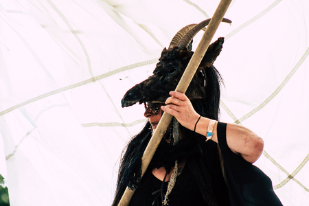 Reims France June 2, 2019 View of people disguised as medieval character unfolding in the streets during the Johanniques feast, annual French celebration in Reimsのeditorial素材