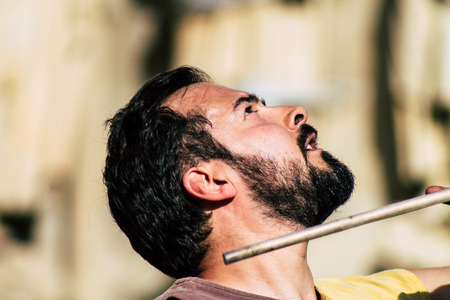 Reims France Saturday June 1, 2019 View of unknown street performers doing a show during the Johanniques festival, annual French celebration in Reims to commemorate the coronation of Charles VIIのeditorial素材