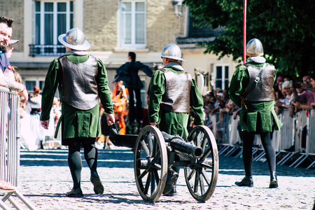 Reims France June 2, 2019 View of people disguised as medieval character unfolding in the streets during the Johanniques feast, annual French celebration in Reimsのeditorial素材
