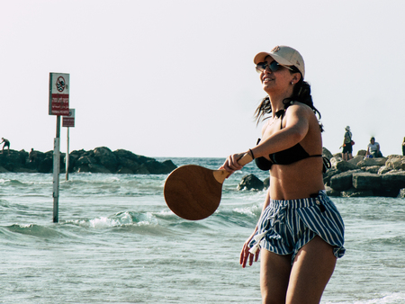 Tel Aviv Israel May 31, 2019 View of unknown Israeli people having fun on the beach of Tel Aviv in the afternoonのeditorial素材
