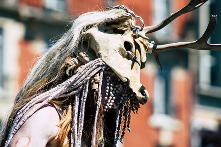 Reims France Saturday June 1, 2019 View of people disguised as medieval character unfolding in the streets during the Johanniques festival, annual French celebration in Reimsのeditorial素材