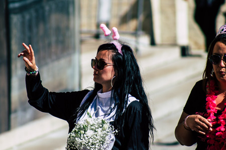 Reims France Saturday June 1, 2019 Portrait of unknown French people taking part in the Johanniques festival, annual French celebration in Reims to commemorate the coronation of Charles VII in Reims Cathedralのeditorial素材