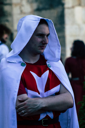Reims France Saturday June 1, 2019 View of people disguised as medieval character unfolding in the streets during the Johanniques festival, annual French celebration in Reimsのeditorial素材
