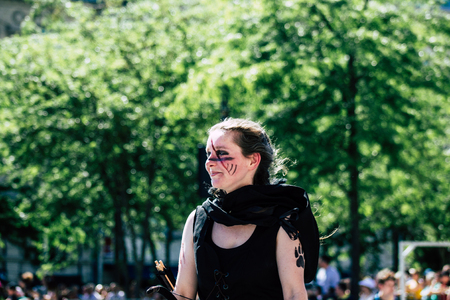 Reims France Saturday June 2, 2019 View of people disguised as medieval character unfolding in the streets during the Johanniques feast, annual French celebration in Reimsのeditorial素材