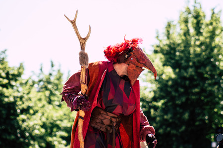 Reims France Saturday June 2, 2019 View of people disguised as medieval character unfolding in the streets during the Johanniques feast, annual French celebration in Reimsのeditorial素材