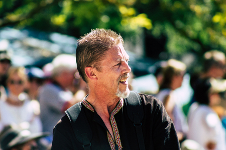 Reims France Saturday June 2, 2019 View of people disguised as medieval character unfolding in the streets during the Johanniques feast, annual French celebration in Reimsのeditorial素材