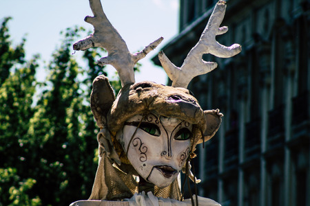 Reims France June 2, 2019 View of people disguised as medieval character unfolding in the streets...