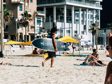 Tel Aviv Israel May 31, 2019 View of unknown Israeli people having fun on the beach of Tel Aviv in the afternoonのeditorial素材