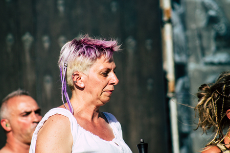 Reims France Saturday June 1, 2019 View of unknown musicians playing medieval music during the Johanniques festival, annual French celebration in Reims to commemorate the coronation of Charles VIIのeditorial素材