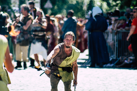 Reims France June 2, 2019 View of people disguised as medieval character unfolding in the streets during the Johanniques feast, annual French celebration in Reimsのeditorial素材