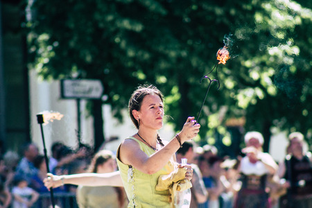 Reims France June 2, 2019 View of people disguised as medieval character unfolding in the streets during the Johanniques feast, annual French celebration in Reimsのeditorial素材