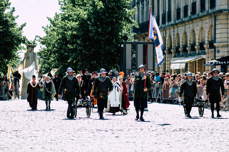 Reims France June 2, 2019 View of people disguised as medieval character unfolding in the streets during the Johanniques feast, annual French celebration in Reimsのeditorial素材