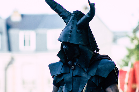 Reims France Saturday June 1, 2019 View of people disguised as medieval character unfolding in the streets during the Johanniques festival, annual French celebration in Reimsのeditorial素材