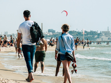 Tel Aviv Israel May 31, 2019 View of unknown Israeli people having fun on the beach of Tel Aviv in the afternoonのeditorial素材