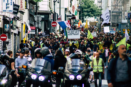 Paris France May 25, 2019 Portrait of Yellow Jackets protesters marching against the policy of President Macron in the streets of Paris on saturday afternoonのeditorial素材