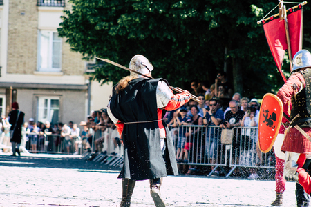 Reims France June 2, 2019 View of people in the streets of Johanniques feast, annual French...
