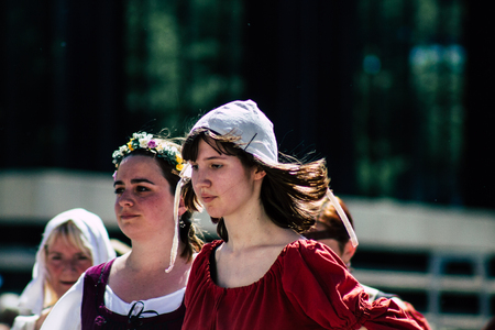 Reims France June 2, 2019 View of people in the streets of Johanniques feast, annual French celebration in Reimsのeditorial素材