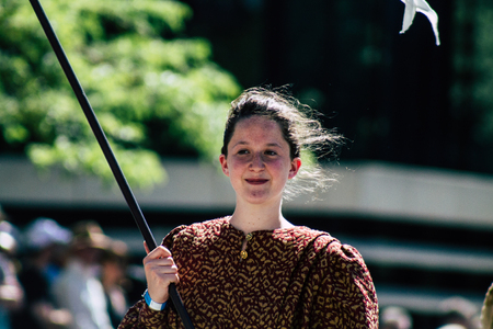 Reims France June 2, 2019 View of people in the streets of Johanniques feast, annual French celebration in Reimsのeditorial素材