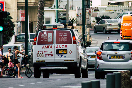 Tel Aviv Israel June 10, 2019 View of a Israeli ambulance rolling in the streets of Tel Aviv in the afternoonのeditorial素材