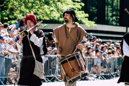 Reims France June 2, 2019 View of people in the streets of Johanniques feast, annual French...
