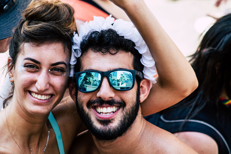 Tel Aviv Israel June 14, 2019 Portrait of unknown Israeli people participating to the gay pride parade in the streets of Tel Aviv in the afternoonのeditorial素材