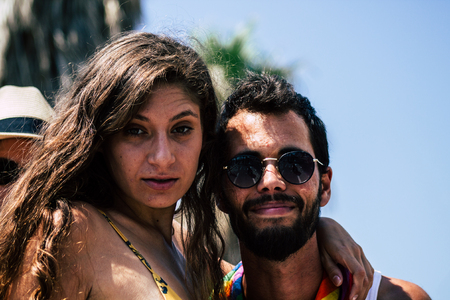 Tel Aviv Israel June 14, 2019 Portrait of unknown Israeli people participating to the gay pride parade in the streets of Tel Aviv in the afternoonのeditorial素材