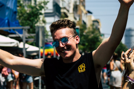 Tel Aviv Israel June 14, 2019 Portrait of unknown Israeli people participating to the gay pride parade in the streets of Tel Aviv in the afternoonのeditorial素材