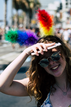 Tel Aviv Israel June 14, 2019 Portrait of unknown Israeli people participating to the gay pride parade in the streets of Tel Aviv in the afternoonのeditorial素材