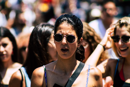 Tel Aviv Israel June 14, 2019 Portrait of unknown Israeli people participating to the gay pride parade in the streets of Tel Aviv in the afternoon