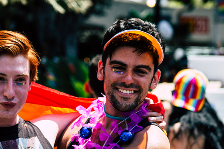 Tel Aviv Israel June 14, 2019 Portrait of unknown Israeli people participating to the gay pride parade in the streets of Tel Aviv in the afternoonのeditorial素材