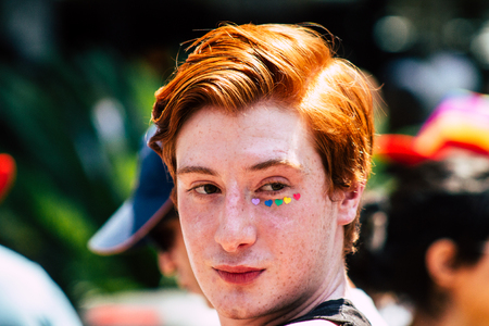 Tel Aviv Israel June 14, 2019 Portrait of unknown Israeli people participating to the gay pride parade in the streets of Tel Aviv in the afternoonのeditorial素材