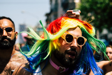 Tel Aviv Israel June 14, 2019 Portrait of unknown Israeli people participating to the gay pride parade in the streets of Tel Aviv in the afternoonのeditorial素材