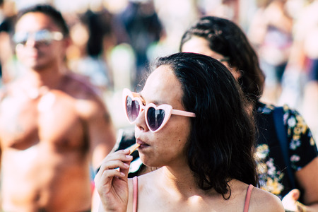 Tel Aviv Israel June 14, 2019 Portrait of unknown Israeli people participating to the gay pride parade in the streets of Tel Aviv in the afternoonのeditorial素材