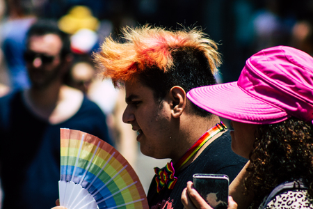 Tel Aviv Israel June 14, 2019 Portrait of unknown Israeli people participating to the gay pride parade in the streets of Tel Aviv in the afternoonのeditorial素材