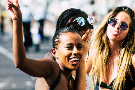 Tel Aviv Israel June 14, 2019 Portrait of unknown Israeli people participating to the gay pride parade in the streets of Tel Aviv in the afternoonのeditorial素材