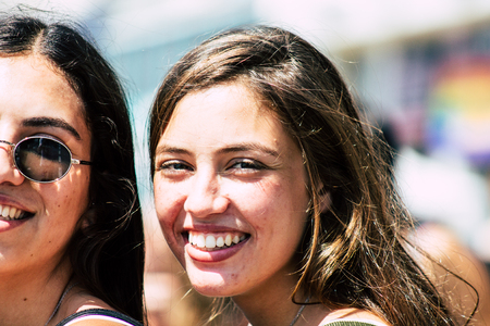 Tel Aviv Israel June 14, 2019 Portrait of unknown Israeli people participating to the gay pride parade in the streets of Tel Aviv in the afternoonのeditorial素材