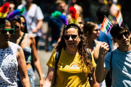 Tel Aviv Israel June 14, 2019 View of unknown Israeli people participating to the gay pride parade in the streets of Tel Aviv in the afternoonのeditorial素材