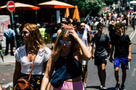 Tel Aviv Israel June 14, 2019 View of unknown Israeli people participating to the gay pride parade in the streets of Tel Aviv in the afternoonのeditorial素材